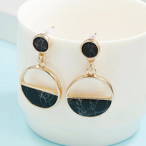 Golden Black Marble Dangle Long Earrings Gold - Picture 3 of 5